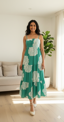 Turquoise Floral Tiered Cotton Dress