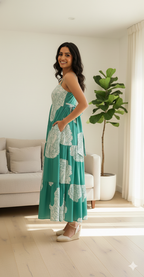 Turquoise Floral Tiered Cotton Dress