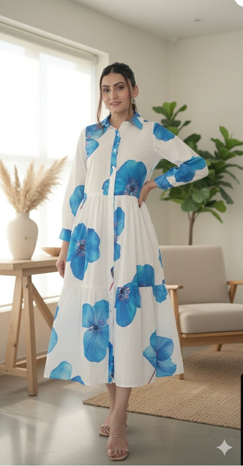 Blue Bloom Button-Down Midi Dress