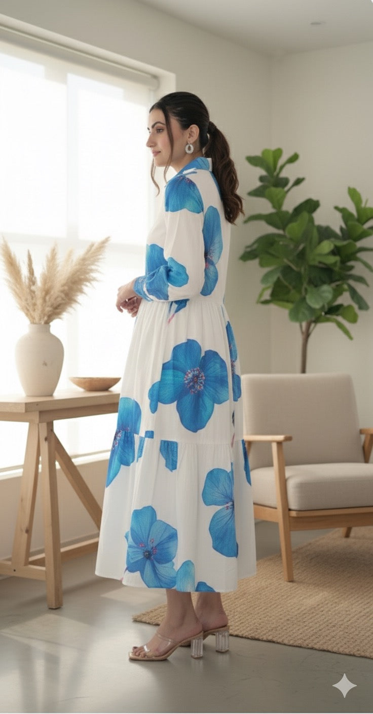 Blue Bloom Button-Down Midi Dress