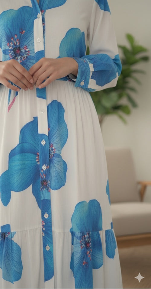 Blue Bloom Button-Down Midi Dress