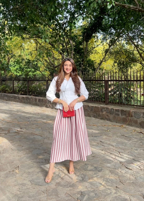 White Wrap Shirt & Pink Striped Skirt Co-Ord Set