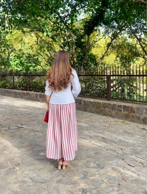 White Wrap Shirt & Pink Striped Skirt Co-Ord Set