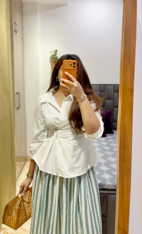 White Wrap Shirt & Striped Skirt Co-Ord Set