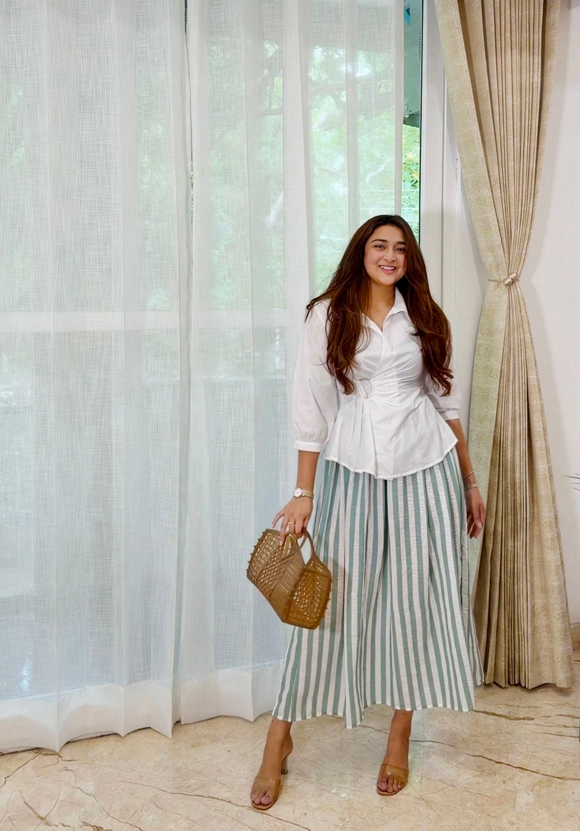White Wrap Shirt & Striped Skirt Co-Ord Set