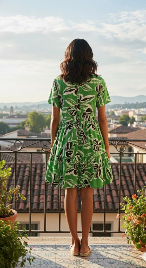 Tropical Leaf Print Button-Front Dress