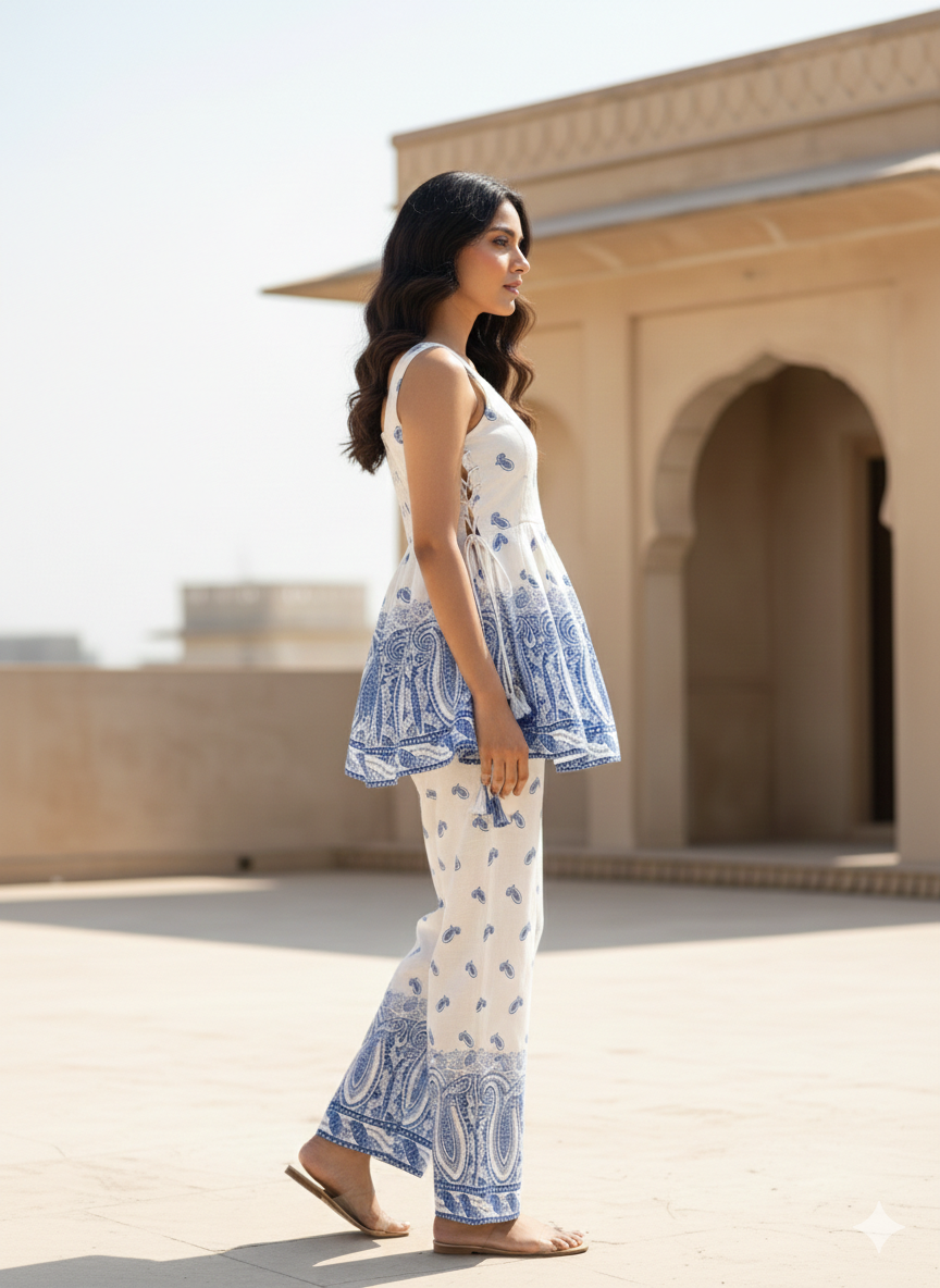 Blue Paisley Peplum Co-Ord Set