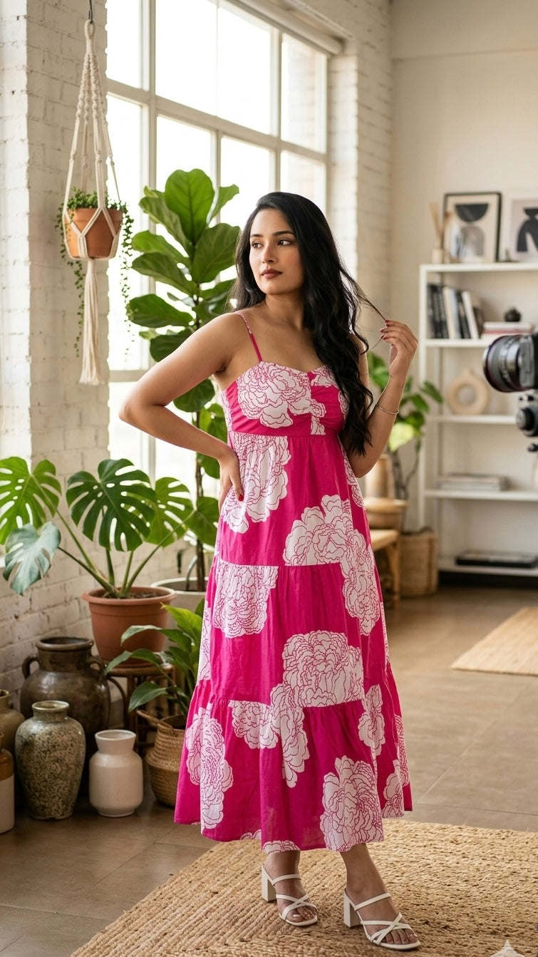Pink Floral Tiered Cotton Dress