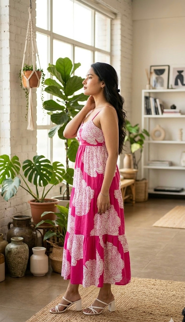 Pink Floral Tiered Cotton Dress