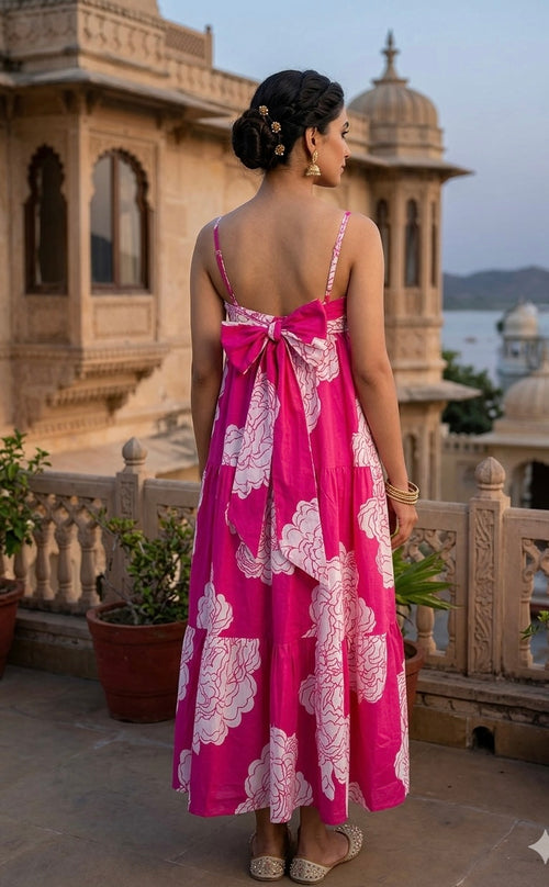 Pink Floral Tiered Cotton Dress