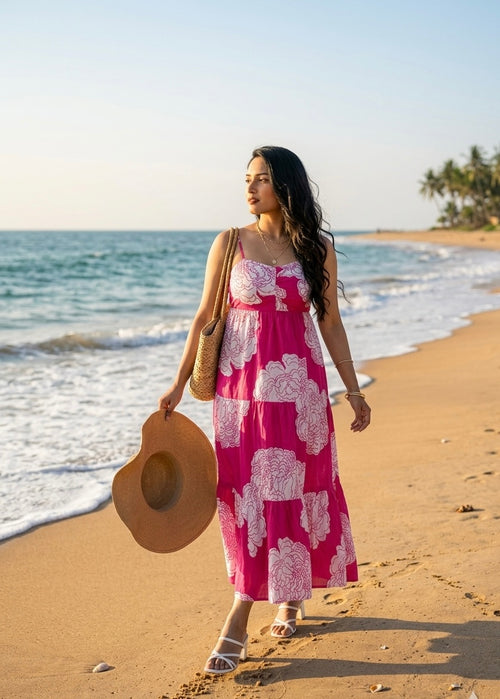 Pink Floral Tiered Cotton Dress