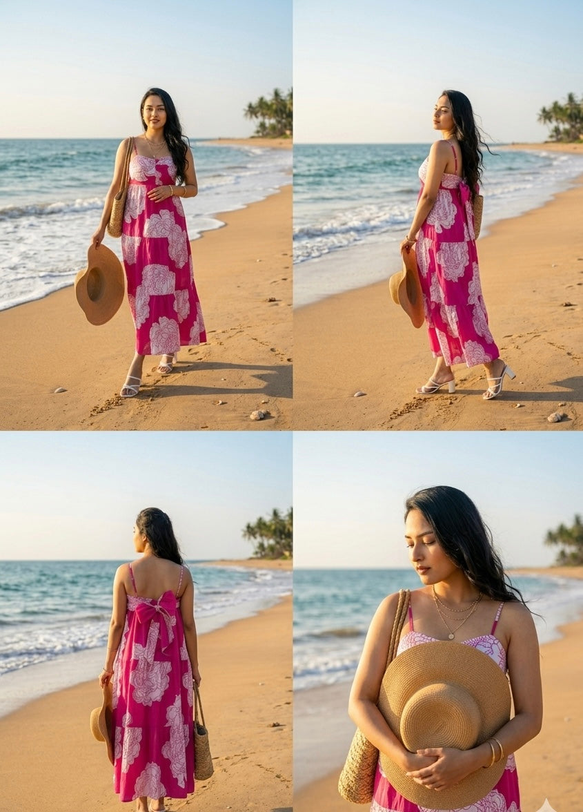 Pink Floral Tiered Cotton Dress