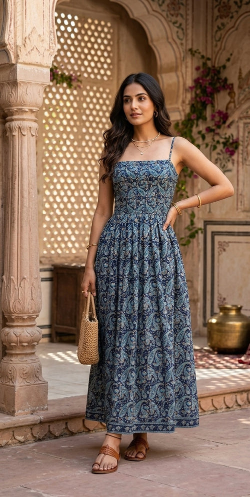 Navy Paisley Print Dress