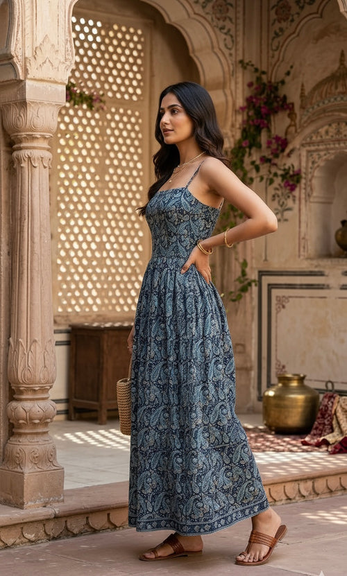 Navy Paisley Print Dress