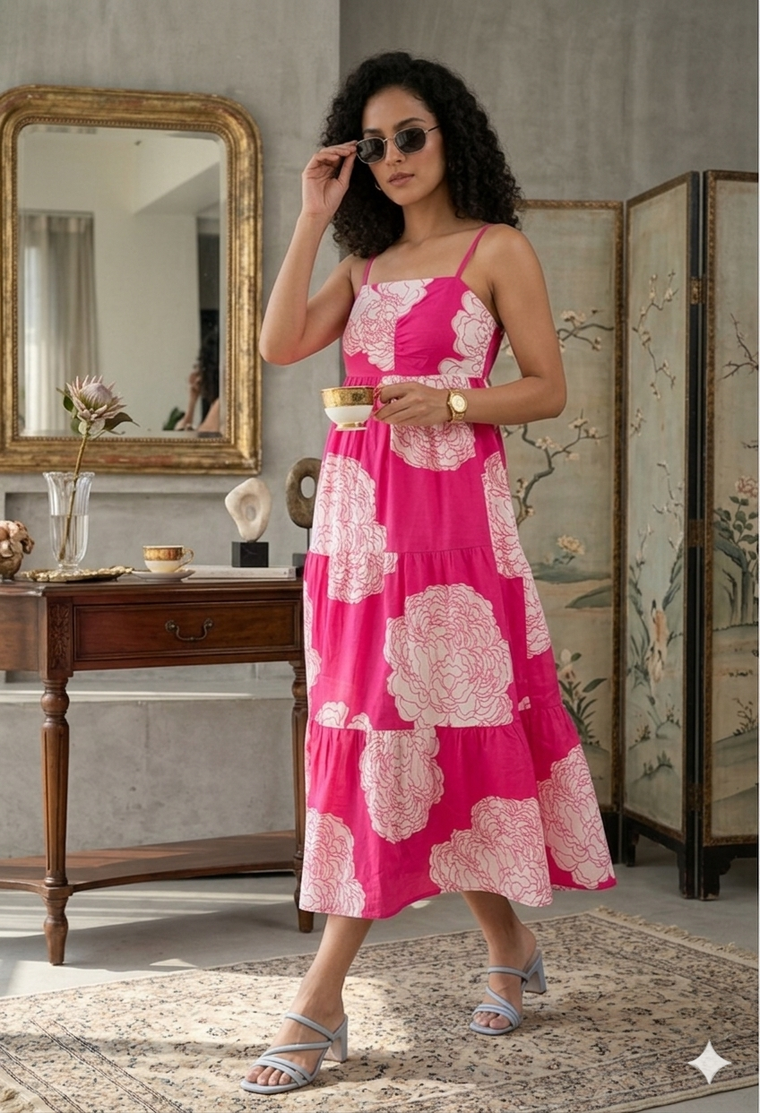 Pink Floral Tiered Cotton Dress