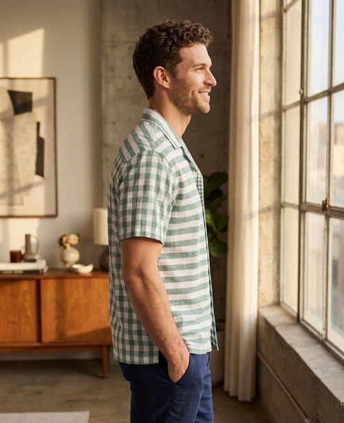 Split Pattern Camp Collar Shirt – Green & White