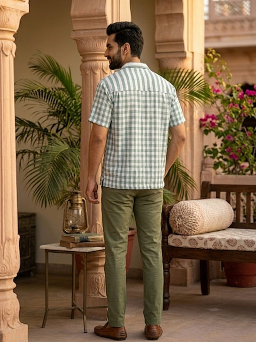 Split Pattern Camp Collar Shirt – Green & White