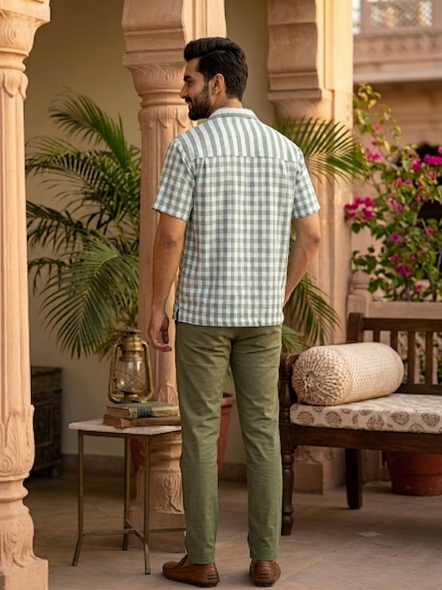 Split Pattern Camp Collar Shirt – Green & White