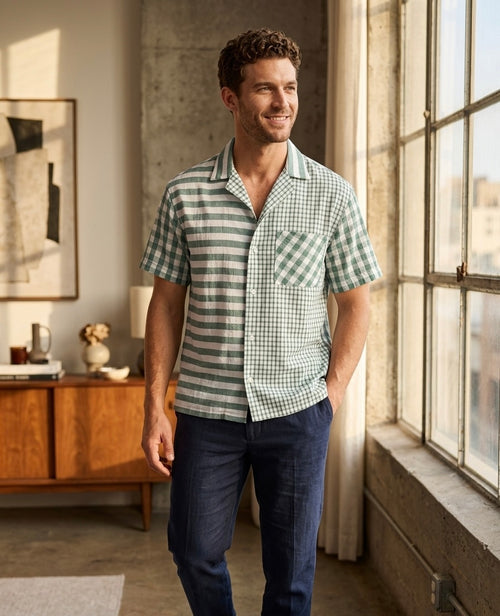Split Pattern Camp Collar Shirt – Green & White