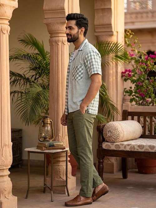 Split Pattern Camp Collar Shirt – Green & White