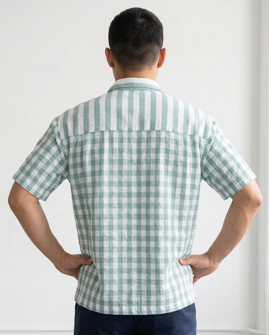 Split Pattern Camp Collar Shirt – Green & White
