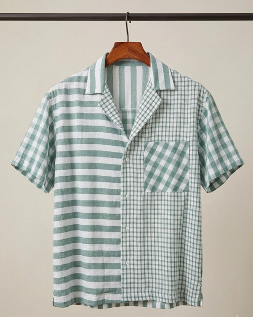 Split Pattern Camp Collar Shirt – Green & White