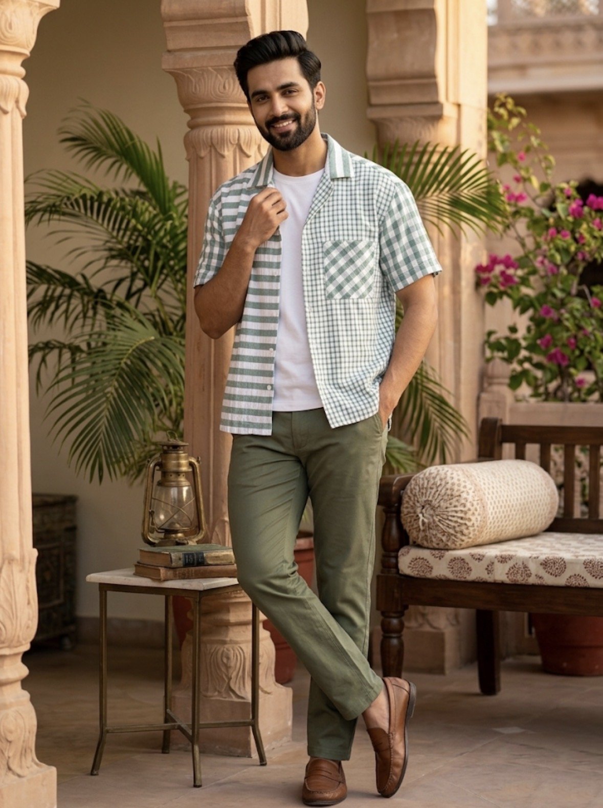 Split Pattern Camp Collar Shirt – Green & White