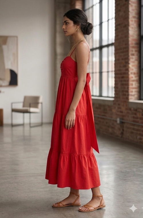 Red tiered midi dress