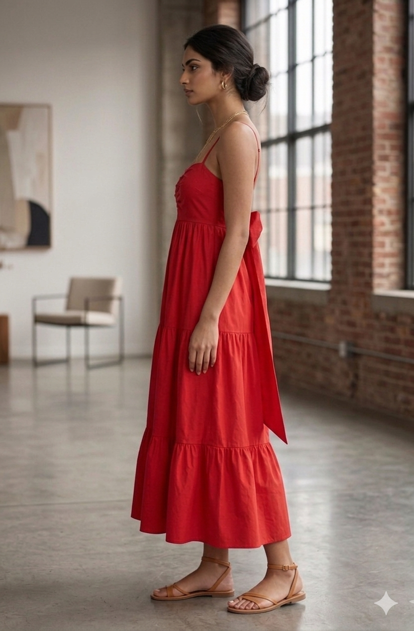 Red tiered midi dress