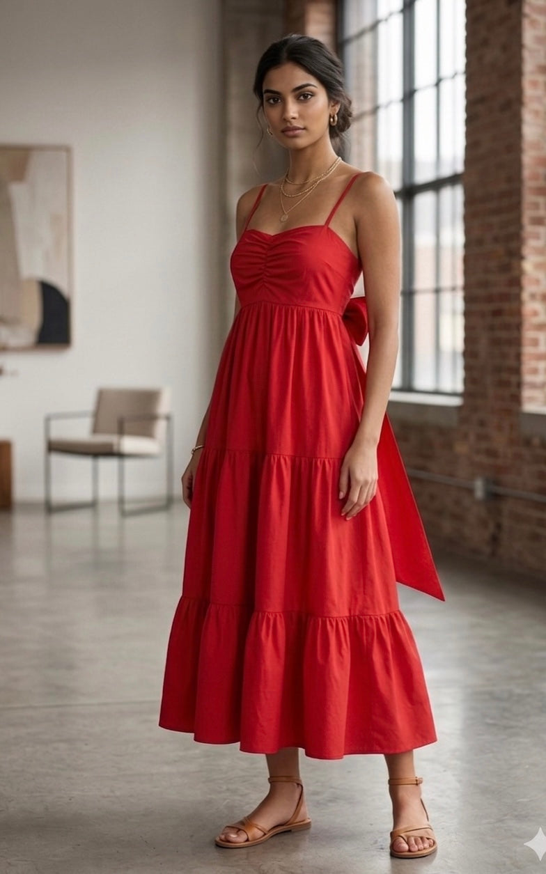 Red tiered midi dress