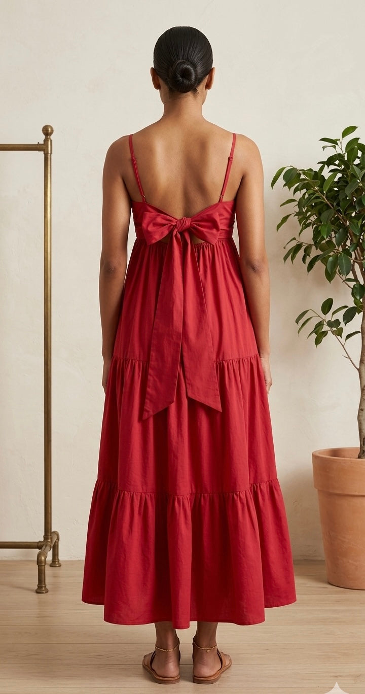 Red tiered midi dress