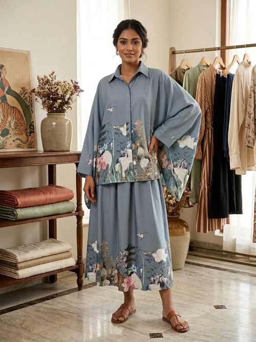 Serene Grey Bloom Oversized Shirt & Skirt Co-ord Set