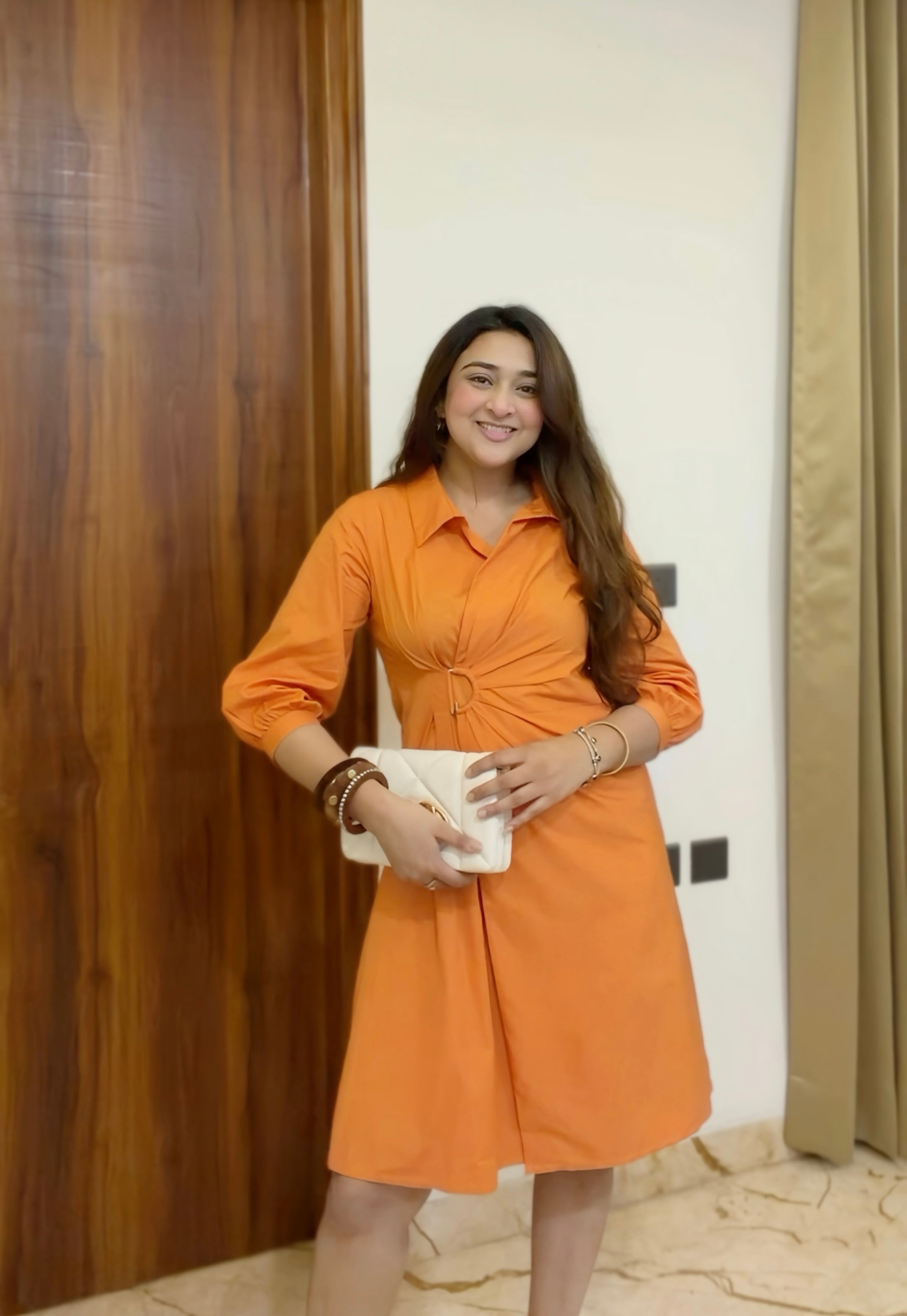 Ring Detail Midi Dress-Orange