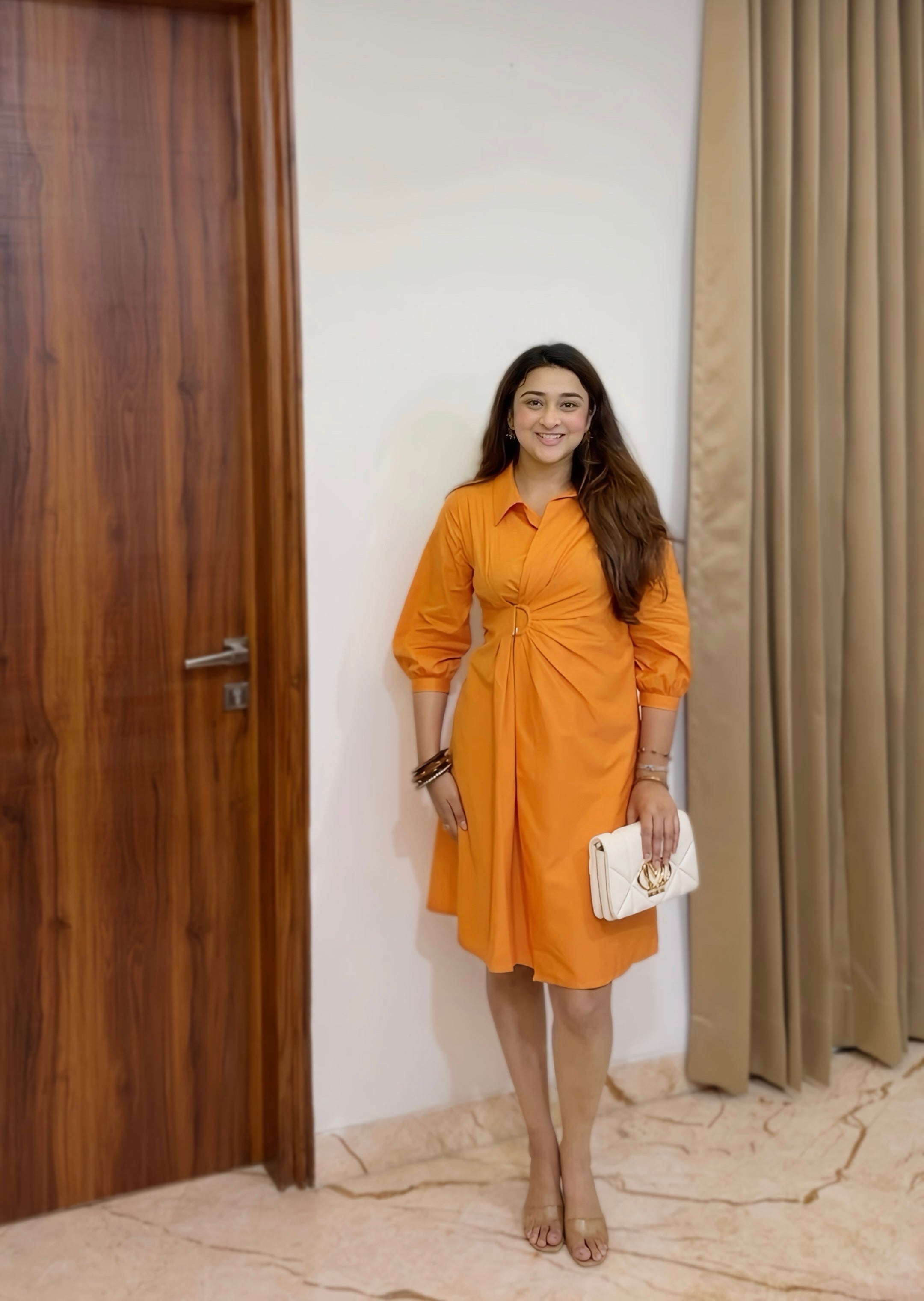 Ring Detail Midi Dress-Orange
