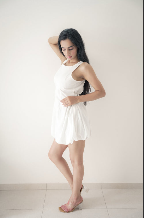Balloon Hem Mini Dress – White
