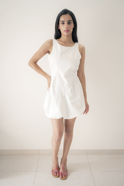 Balloon Hem Mini Dress – White