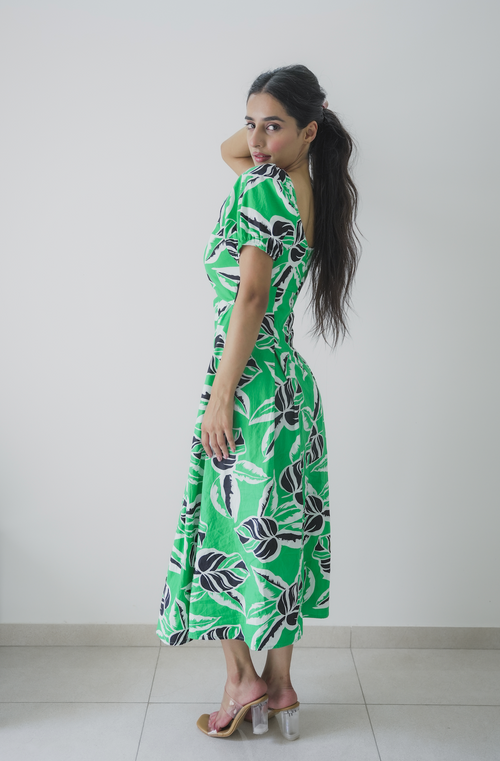 Tropical Leaf Print Cut-Out Midi Dress