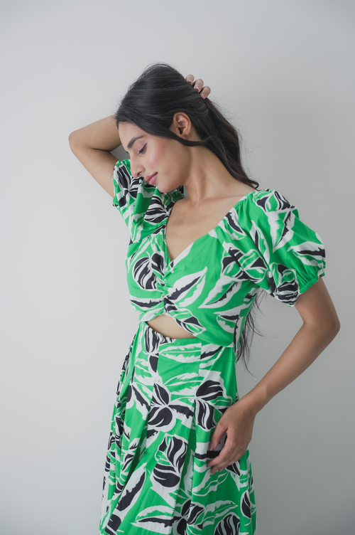 Tropical Leaf Print Cut-Out Midi Dress