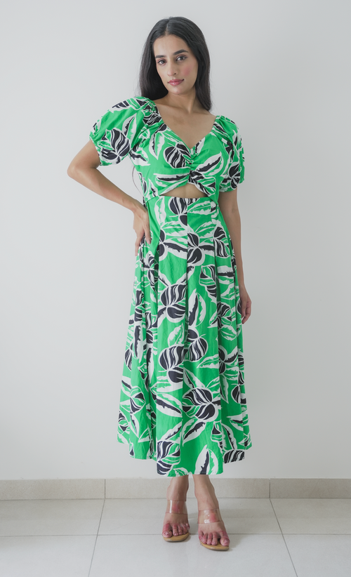 Tropical Leaf Print Cut-Out Midi Dress