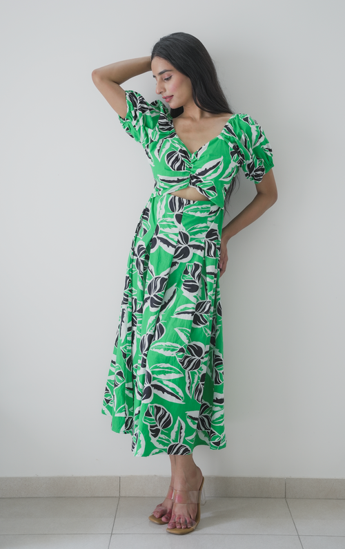 Tropical Leaf Print Cut-Out Midi Dress