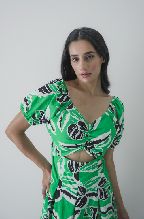 Tropical Leaf Print Cut-Out Midi Dress