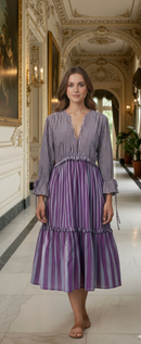 Lilac Striped Tiered Midi Dress