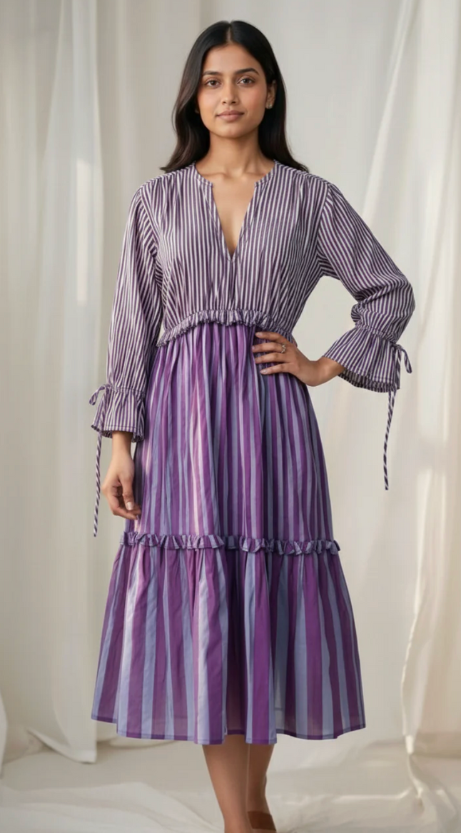 Lilac Striped Tiered Midi Dress