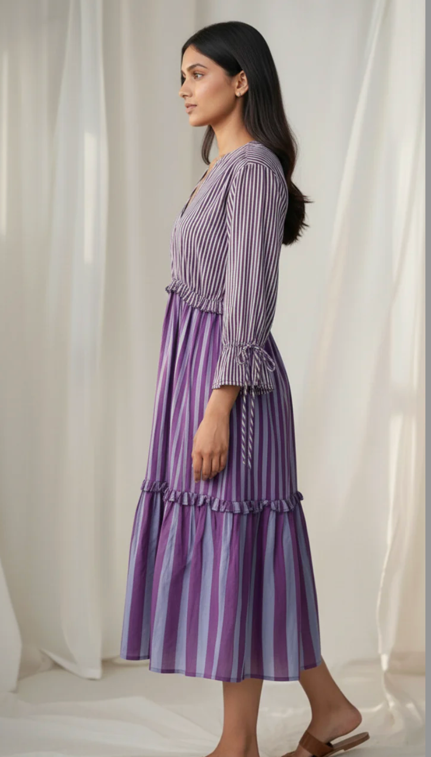 Lilac Striped Tiered Midi Dress