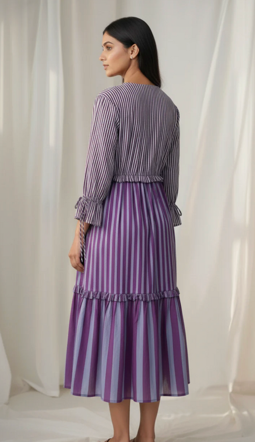 Lilac Striped Tiered Midi Dress