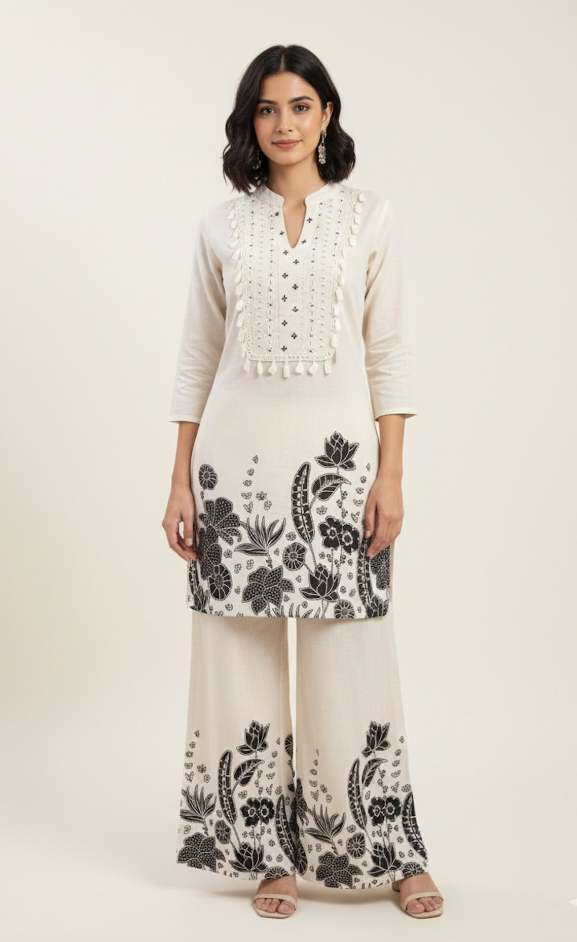 Monochrome Floral Embroidered Kurta & Palazzo Set