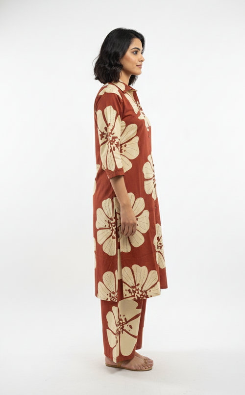 Rust & Cream Floral Block-Print Co-ord Set