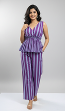 Striped Peplum Top & Straight Pants Co-Ord Set