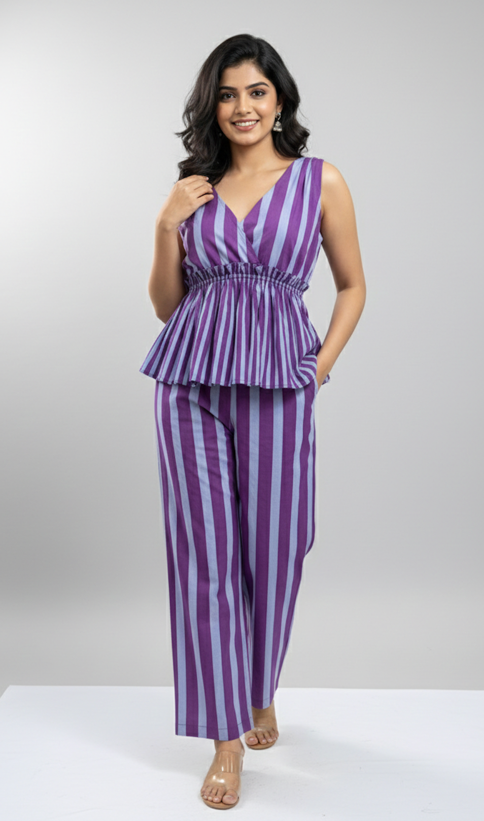 Striped Peplum Top & Straight Pants Co-Ord Set