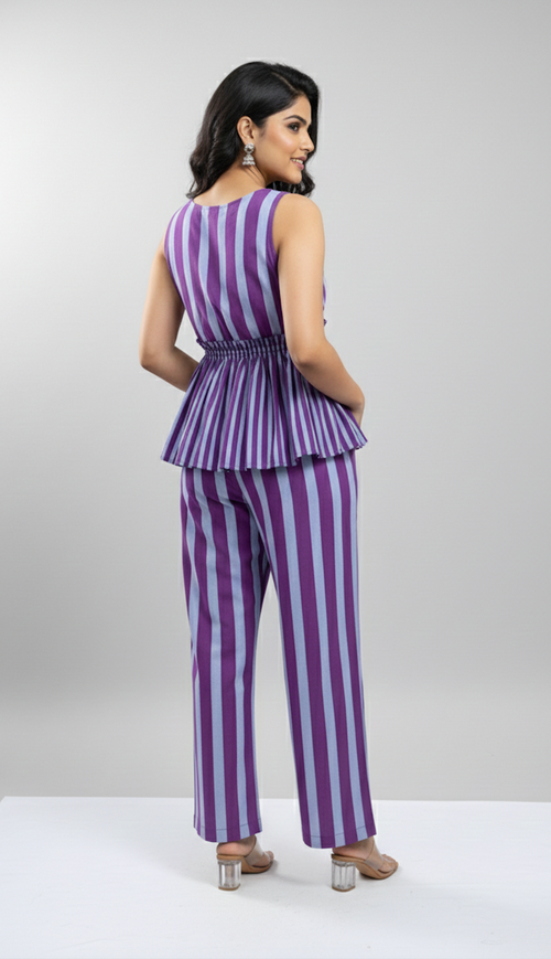 Striped Peplum Top & Straight Pants Co-Ord Set